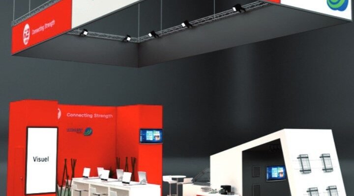 Conception 3D d’un stand sur mesure Axelent K2 Systems avec bandeau suspendu