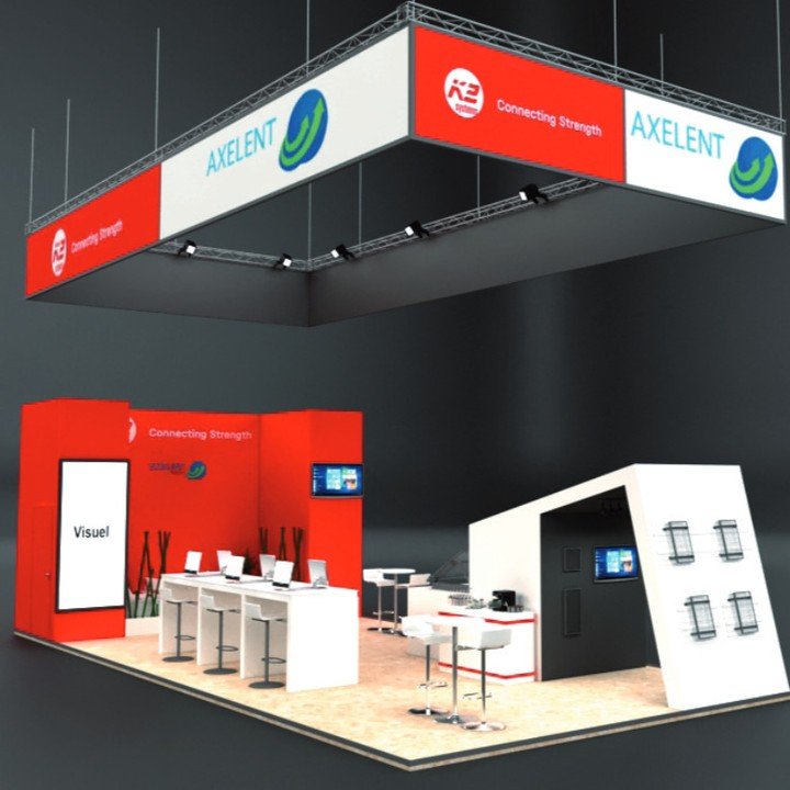 Conception 3D d’un stand sur mesure Axelent K2 Systems avec bandeau suspendu